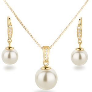 Schöner SD Jewellery Set Pearl 925 Silver Gold-Plated Pendant Necklace Earrings